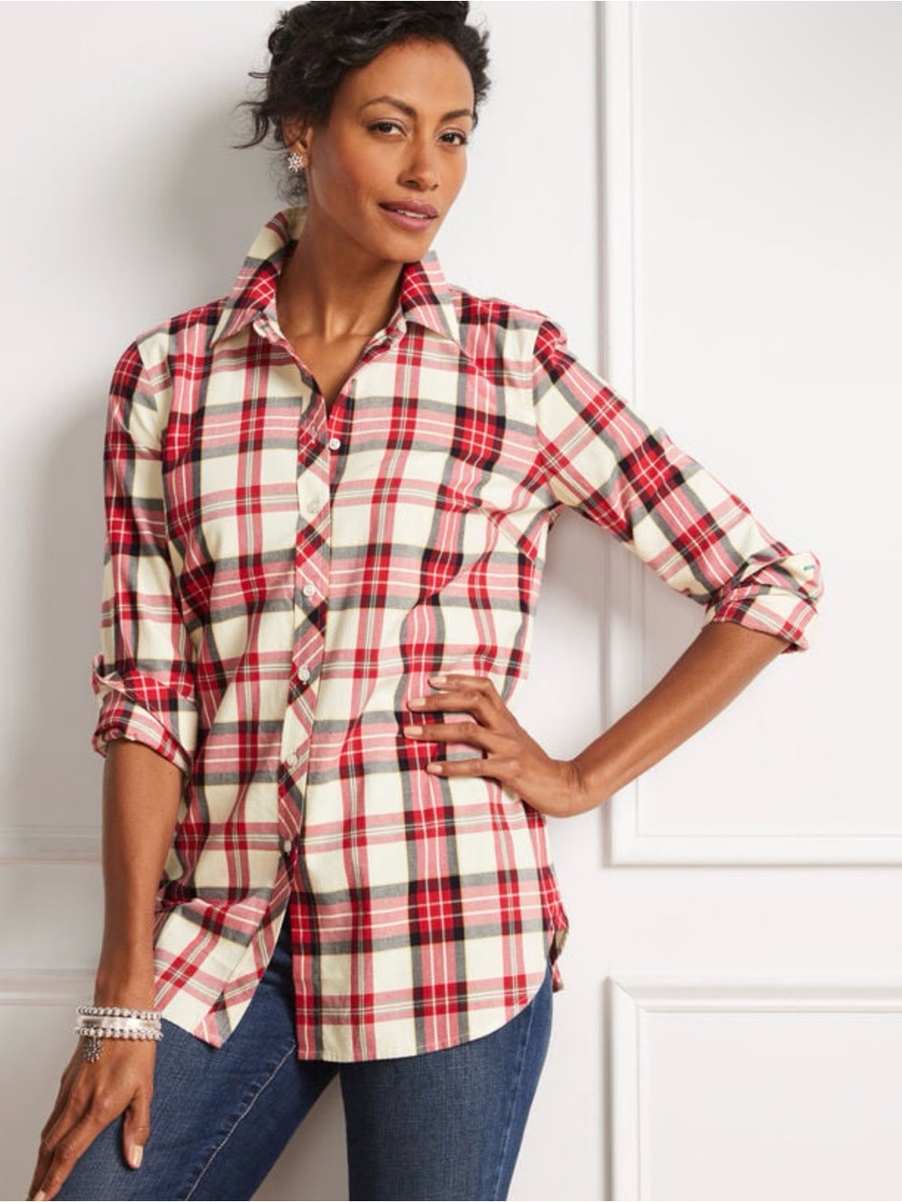 Talbots Red, White and Black Plaid Button-Down Shirt